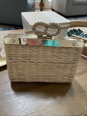 Talbots  Straw Box Clutch with Gold Chain Accent - Beige